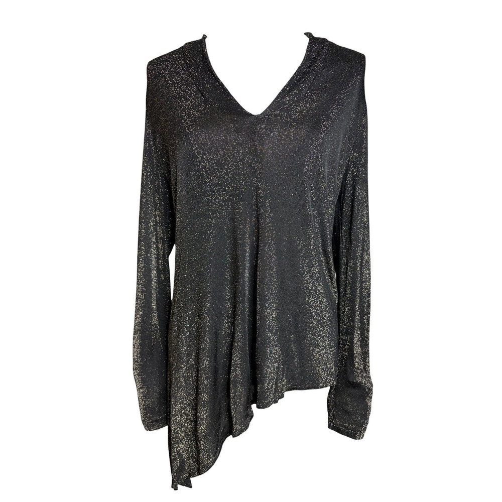 Escada Black Gold Metallic Top US L Asymmetric Sheer Whimsigoth Evening